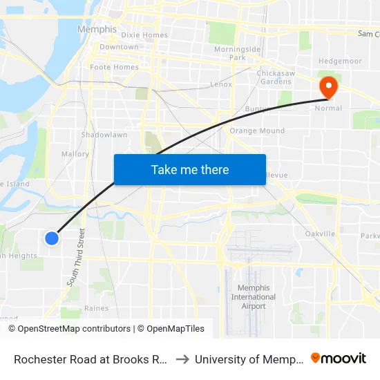 Rochester Road at Brooks Road to University of Memphis map
