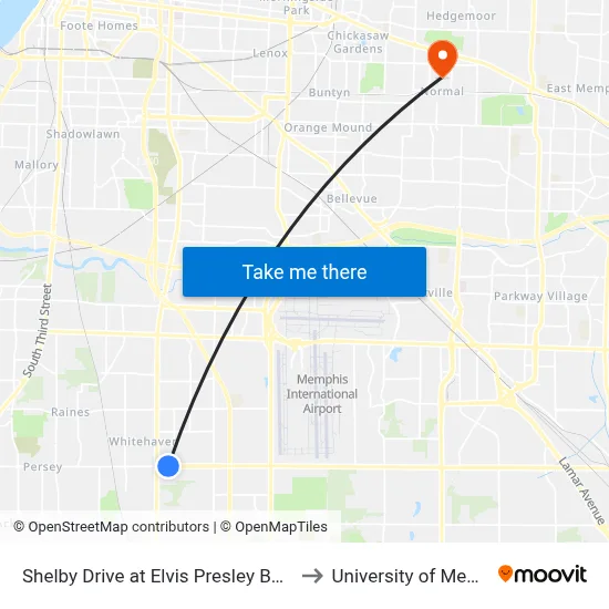 Shelby Drive at Elvis Presley Boulevard to University of Memphis map