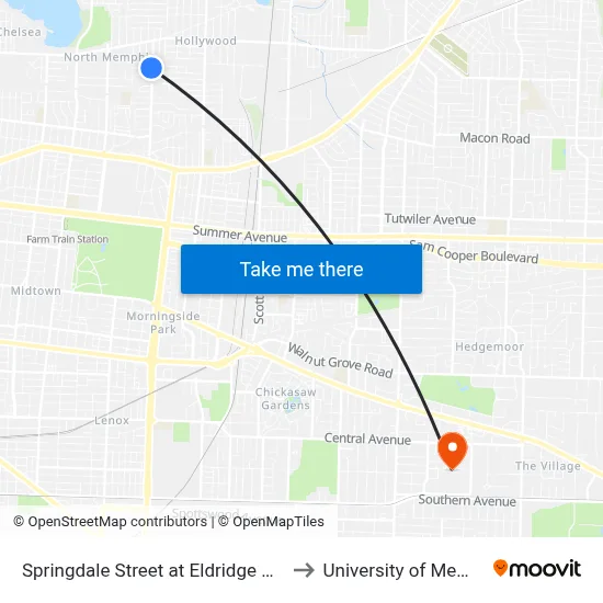 Springdale Street at Eldridge Avenue to University of Memphis map