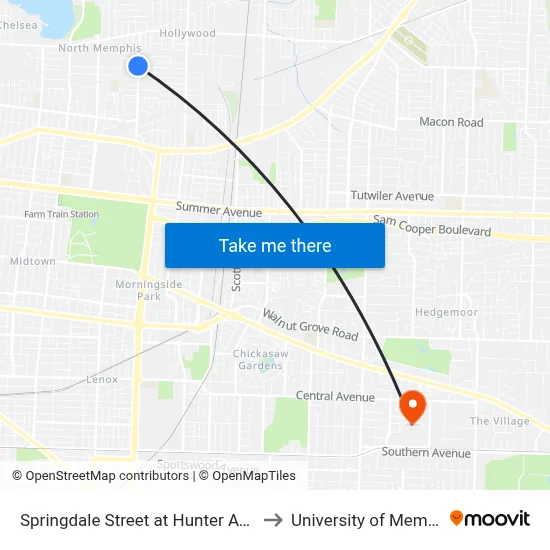 Springdale Street at Hunter Avenue to University of Memphis map