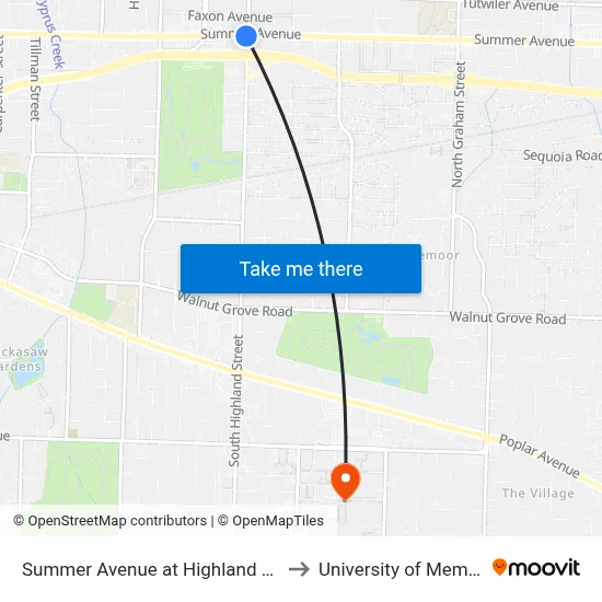 Summer Avenue at Highland Street to University of Memphis map