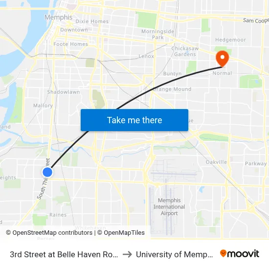 3rd Street at Belle Haven Road to University of Memphis map