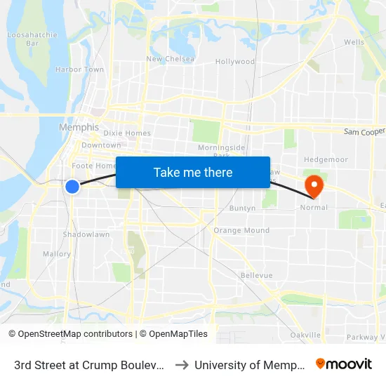 3rd Street at Crump Boulevard to University of Memphis map