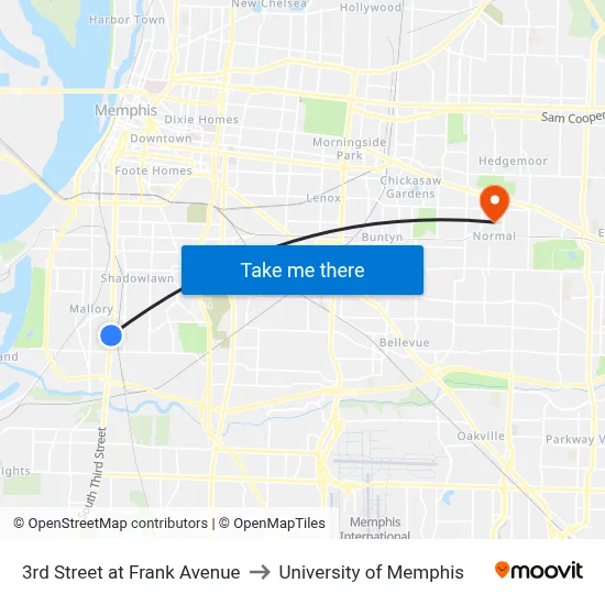 3rd Street at Frank Avenue to University of Memphis map