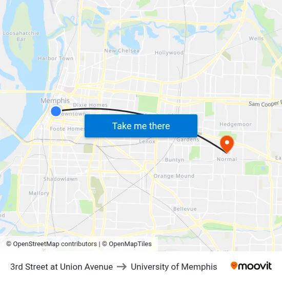 3rd Street at Union Avenue to University of Memphis map