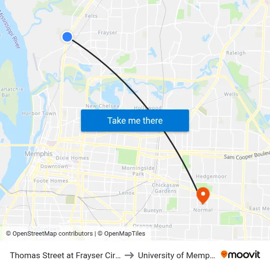 Thomas Street at Frayser Circle to University of Memphis map