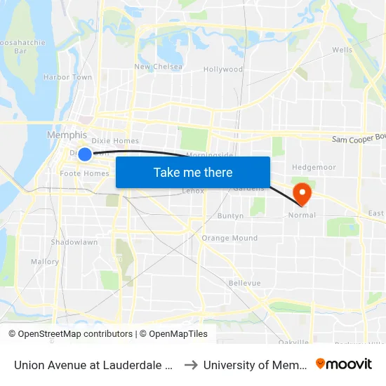 Union Avenue at Lauderdale Street to University of Memphis map