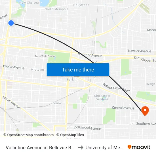 Vollintine Avenue at Bellevue Boulevard to University of Memphis map