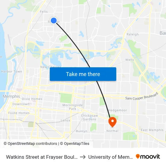 Watkins Street at Frayser Boulevard to University of Memphis map