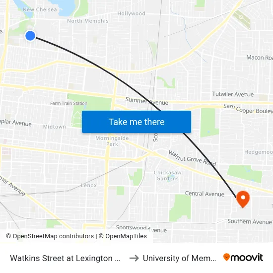 Watkins Street at Lexington Circle to University of Memphis map