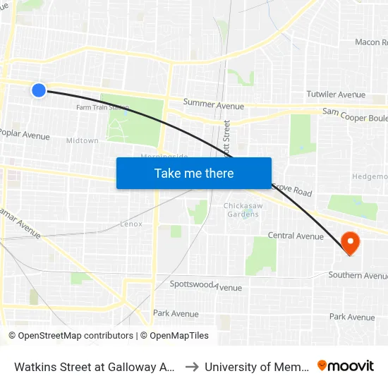 Watkins Street at Galloway Avenue to University of Memphis map