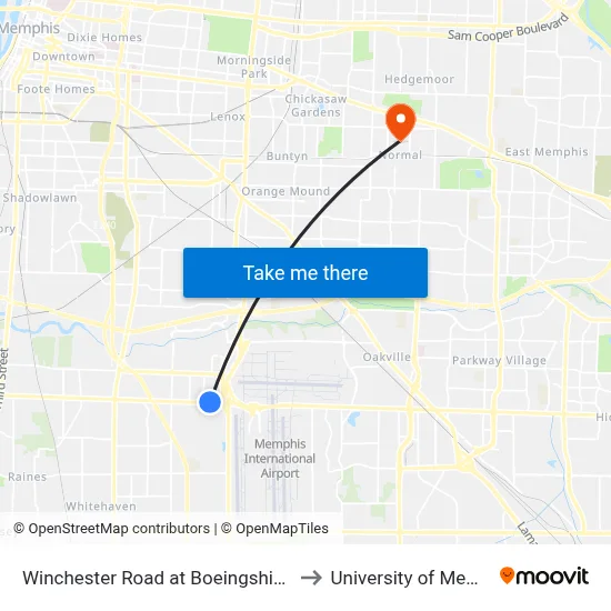Winchester Road at Boeingshire Drive to University of Memphis map