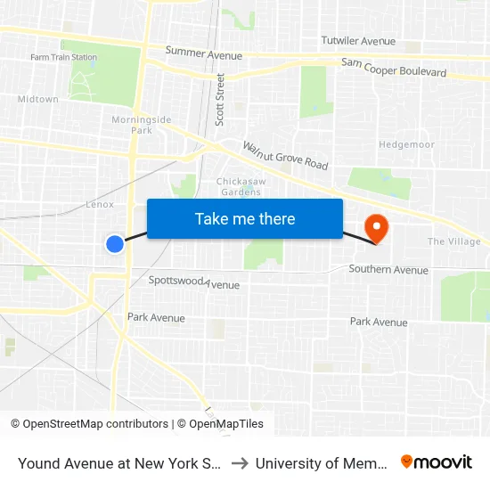 Yound Avenue at New York Street to University of Memphis map