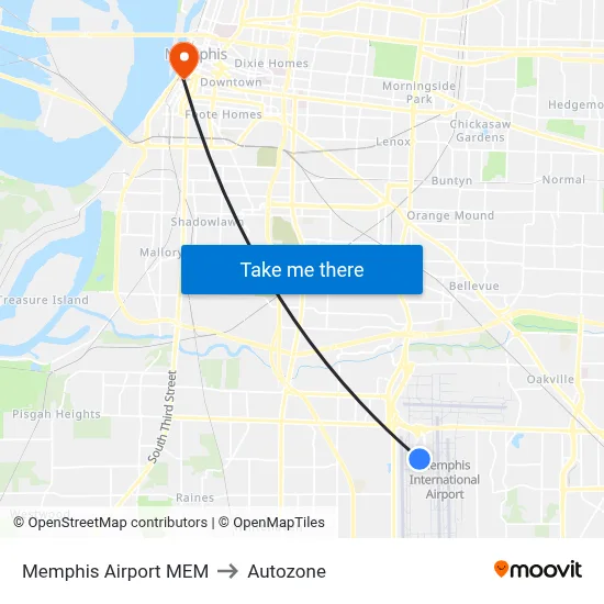 Memphis Airport MEM to Autozone map