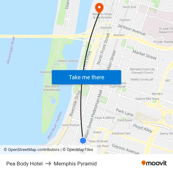 Pea Body Hotel to Memphis Pyramid map