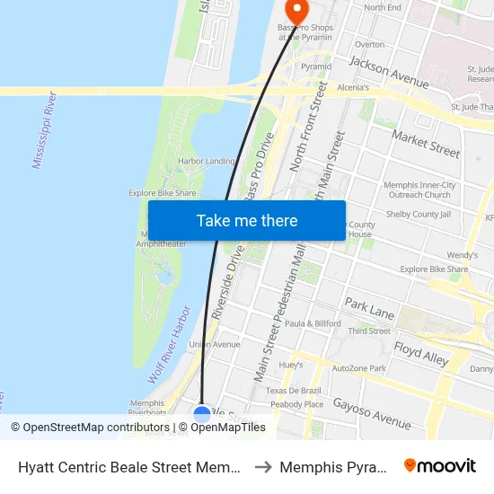 Hyatt Centric Beale Street Memphis to Memphis Pyramid map