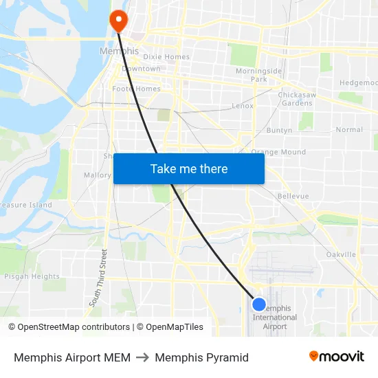 Memphis Airport MEM to Memphis Pyramid map