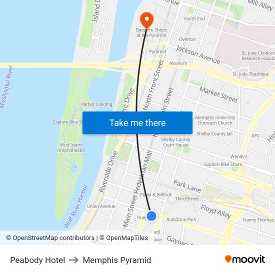 Peabody Hotel to Memphis Pyramid map