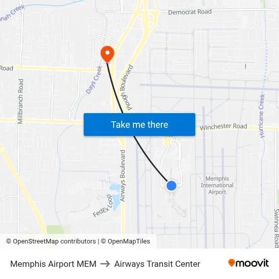 Memphis Airport MEM to Airways Transit Center map