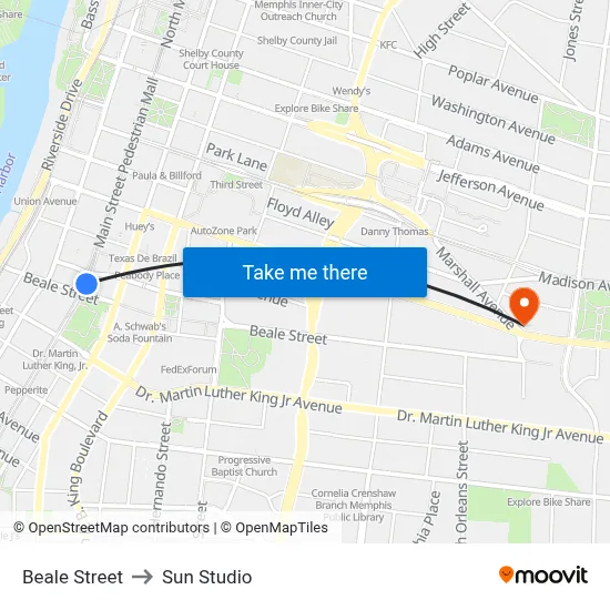 Beale Street to Sun Studio map