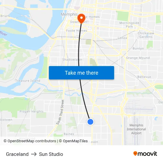 Graceland to Sun Studio map