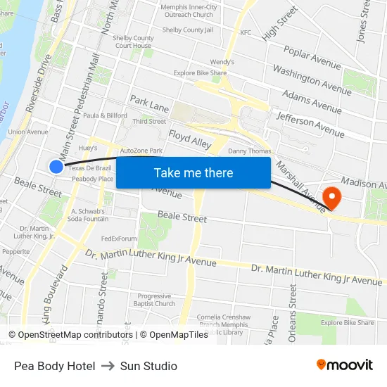 Pea Body Hotel to Sun Studio map