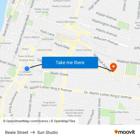 Beale Street to Sun Studio map
