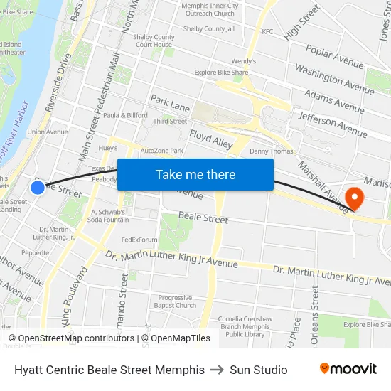 Hyatt Centric Beale Street Memphis to Sun Studio map