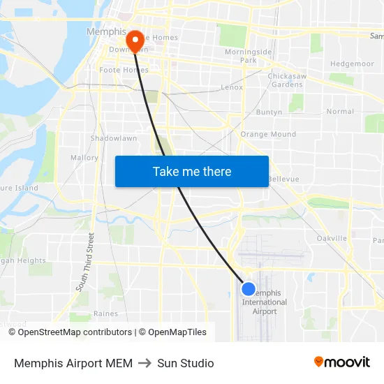 Memphis Airport MEM to Sun Studio map