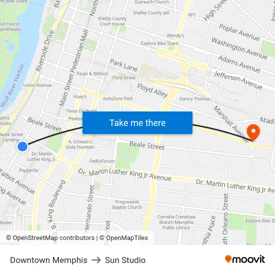 Downtown Memphis to Sun Studio map
