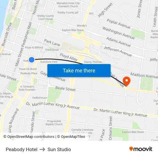 Peabody Hotel to Sun Studio map