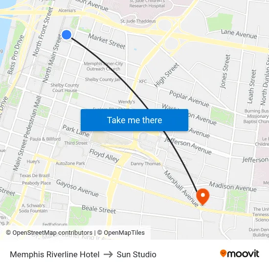 Memphis Riverline Hotel to Sun Studio map