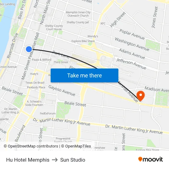Hu Hotel Memphis to Sun Studio map