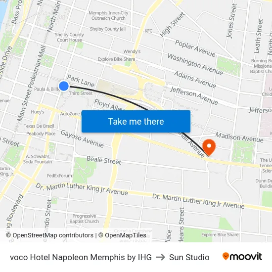 voco Hotel Napoleon Memphis by IHG to Sun Studio map