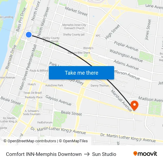 Comfort INN-Memphis Downtown to Sun Studio map