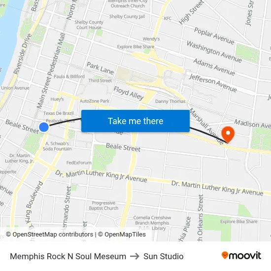 Memphis Rock N Soul Meseum to Sun Studio map