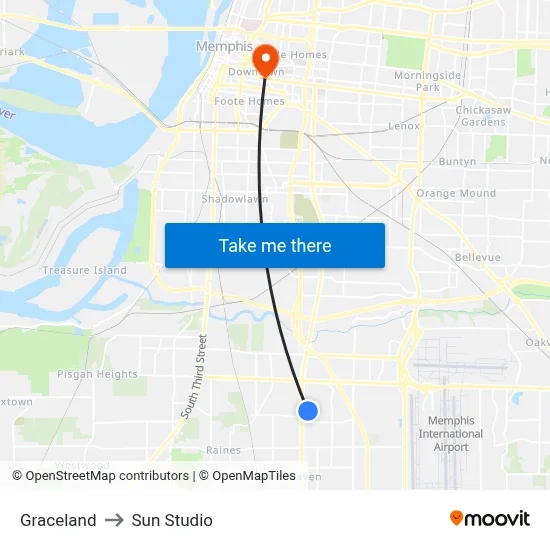 Graceland to Sun Studio map