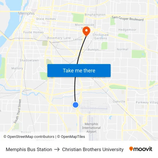 Memphis Bus Station to Christian Brothers University map