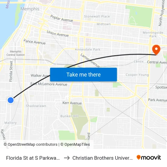 Florida St at S Parkway W to Christian Brothers University map