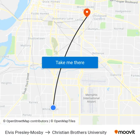 Elvis Presley-Mosby to Christian Brothers University map