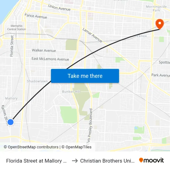 Florida Street at Mallory Avenue to Christian Brothers University map