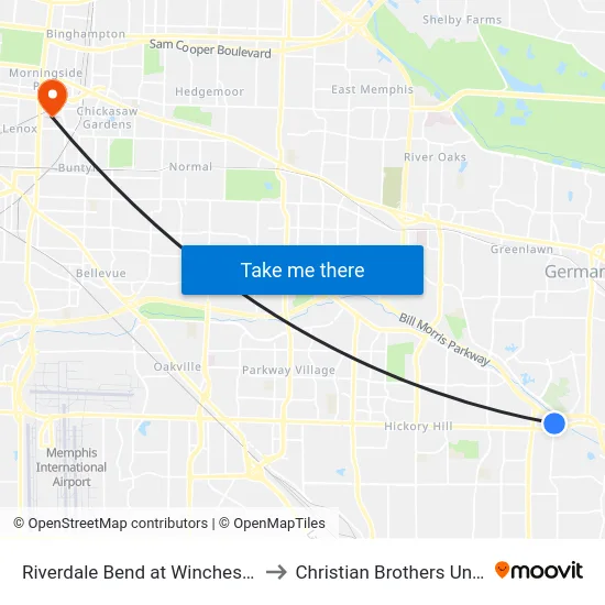 Riverdale Bend at Winchester Road to Christian Brothers University map
