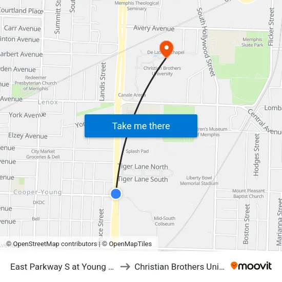 East Parkway S at Young Avenue to Christian Brothers University map