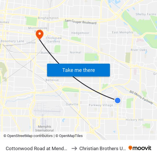 Cottonwood Road at Mendenhall Road to Christian Brothers University map
