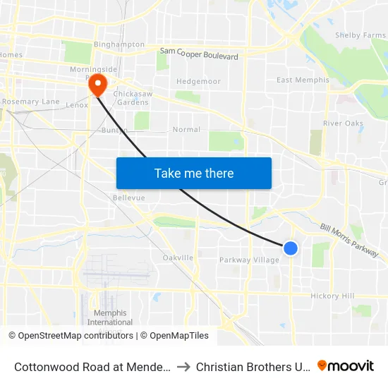 Cottonwood Road at Mendenhall Road to Christian Brothers University map