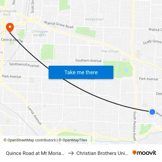 Quince Road at Mt Moriah Road to Christian Brothers University map