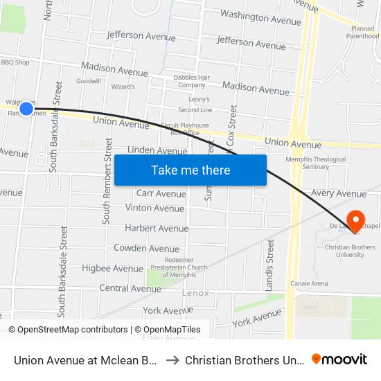 Union Avenue at Mclean Boulevard to Christian Brothers University map