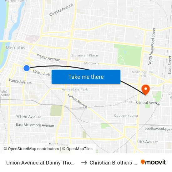 Union Avenue at Danny Thomas Boulevard to Christian Brothers University map