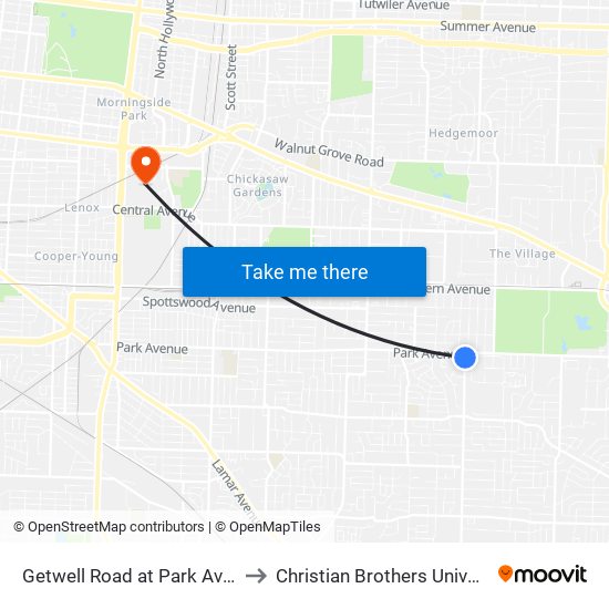 Getwell Road at Park Avenue to Christian Brothers University map