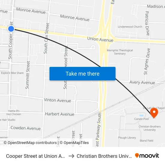 Cooper Street at Union Avenue to Christian Brothers University map